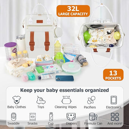 PIIOSER Diaper Bag Backpack with Ice Pack, Large Capacity & Waterproof Baby Travel Backpack Bag for Moms Dads, Insulated Baby Cooler Bag with Changing Pad, Stroller Straps & Pacifier Case, Cream