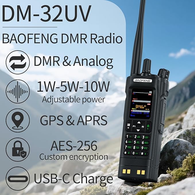 BAOFENG DM32 DMR Handheld Radio with USB-C Charging, GPS, 10W Long Range Walkie Talkie for Emergency Rescue & Outdoor Sports DM-32UV (1 Pack Black+Back Clip)