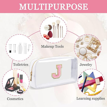 Small Clear Personalized Initial Makeup Bag,Nylon Preppy A-Z Chenille Letter Patch Cosmetic Pouch Beach Toiletry Bag,Waterproof Zipper Travel Purse Storage Bag Organizer for Women Girls(White-Pink J)