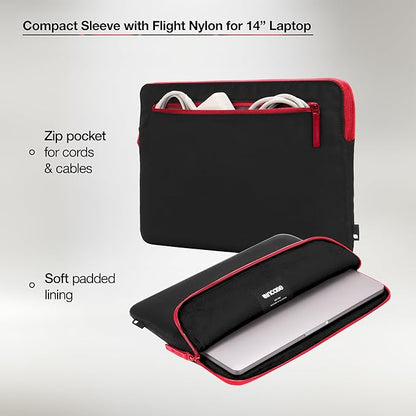 Incase Compact Laptop Sleeve with Flight Nylon - 14-inch MacBook/Laptop & iPad/Tablet Sleeve - Faux Fur Lining, Lightweight, Durable, Weather Resistant, Slip Pocket for Accessories - Black/Signal Red