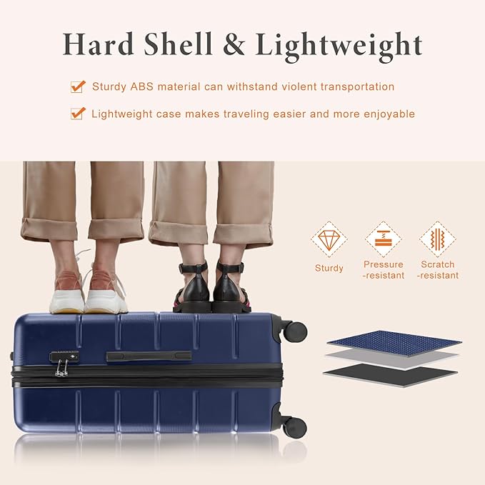 Sweetcrispy Carry on Luggage, Hard Shell ABS Suitcase with Double Spinner Wheels, Lightweight Expandable Rolling Suit Case with TSA Lock, 21 Inch Navy Blue
