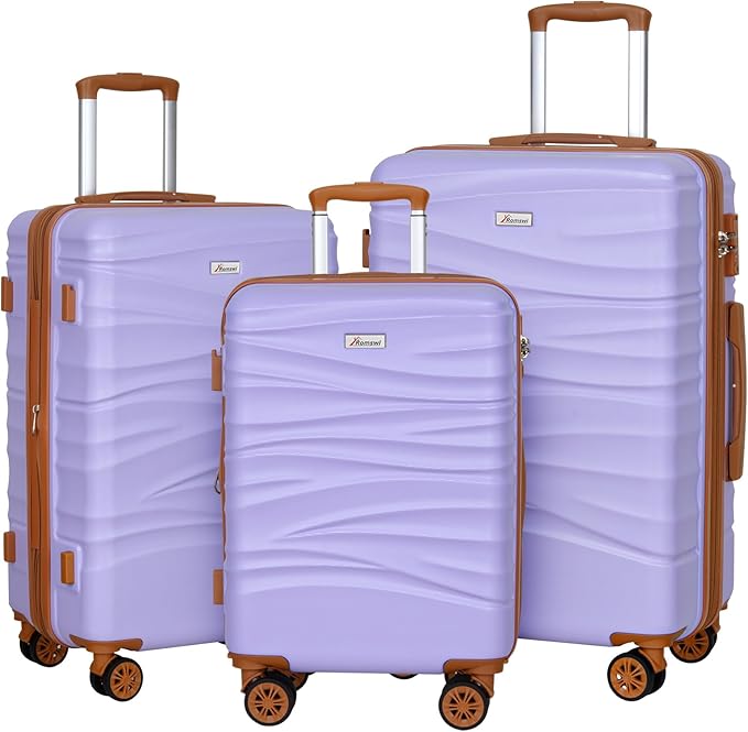 Romswi 3 Piece Luggage Sets, Expandable PC+ABS Hardshell Suitcase Set with TSA Lock YKK Zipper and Dual Spinner Wheels, Large Checked Travel Suitcases, 22/26/30 Inch, Olive Purple