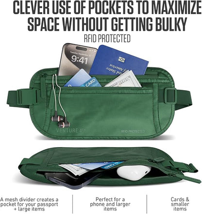 VENTURE 4TH Money Belt for Travel – Hidden Under-Clothes RFID Blocking Passport Holder & Slim Travel Wallet Pouch for Men & Women to Protect Cash, Cards & Documents (Sleek Army Green)