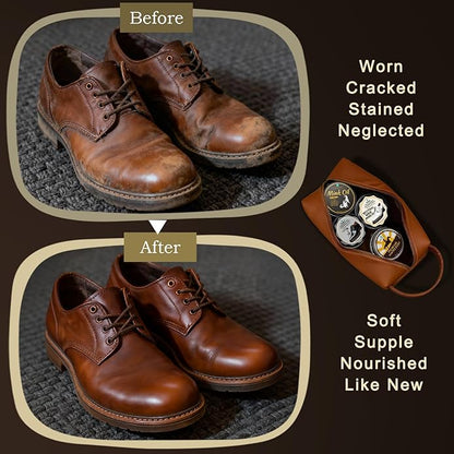 16-in-1 Shoe Polish Kit – Black/Brown/Neutral Shoe Wax, Saddle Soap & Mink Oil (5×2.1oz) – 3 Horsehair Brushes – Leather Shoe Shine & Care Kit in Luxury Leather Bag – Gift for Men & Women