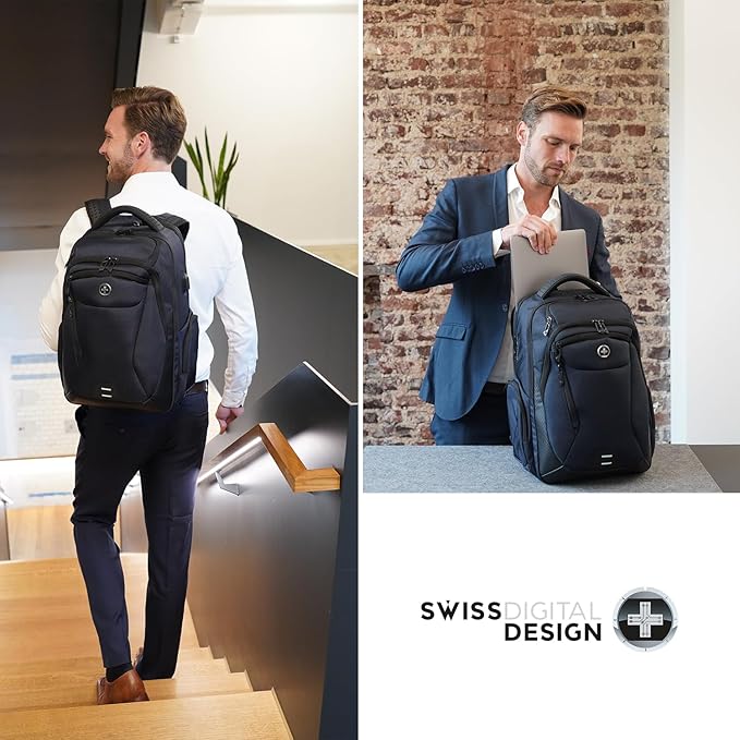 Swissdigital Design Men's Laptop Backpack for College and Business Travel with Integrated USB Charging Port and RFID Protection Fits Laptops up to 15.6 inch, Blue | SD1695-12