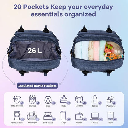 RUVALINO Diaper Bag Backpack, Multifunction Travel Pack Maternity Baby Changing Bags, Large Capacity, Waterproof, Navy Blue