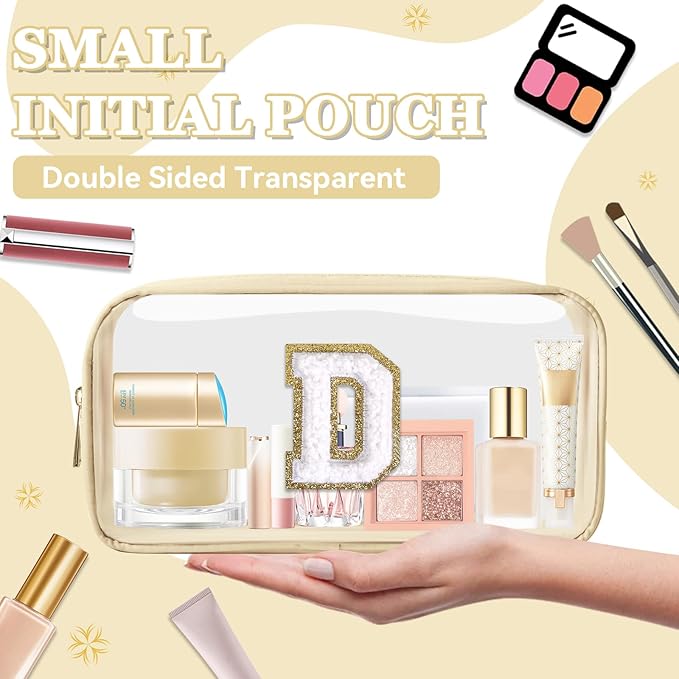 Small Clear Personalized Initial Makeup Bag,Nylon Preppy A-Z Chenille Letter Patch Cosmetic Pouch Beach Toiletry Bag,Waterproof Zipper Travel Purse Storage Bag Organizer for Women Girls(Beige-White D)