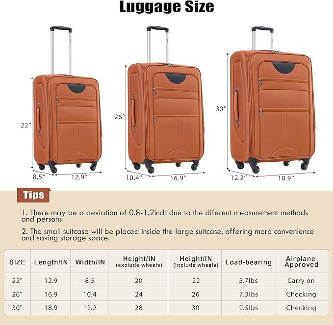 Merax Softside Luggage Set, Travel Suitcase Expandable Lightweight, 3 Piece Luggage Sets with Spinner Wheels 22" 26" 30" Suitcase with TSA Lock (Orange)