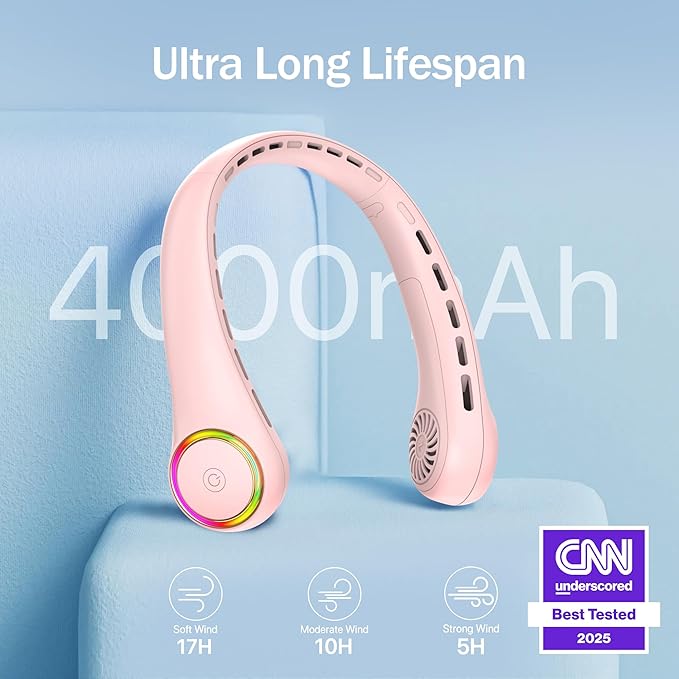Portable Neck Fan, Personal Fan with 4000mAh Battery, Rechargeable Neck Fan with 3 Speeds and 64 Cool Lights, Birthday Gifts for Men Women Mom Dad, Hands Free Cooling fan for Summer(Pink)