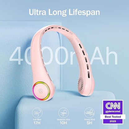 Portable Neck Fan, Personal Fan with 4000mAh Battery, Rechargeable Neck Fan with 3 Speeds and 64 Cool Lights, Birthday Gifts for Men Women Mom Dad, Hands Free Cooling fan for Summer(Pink)