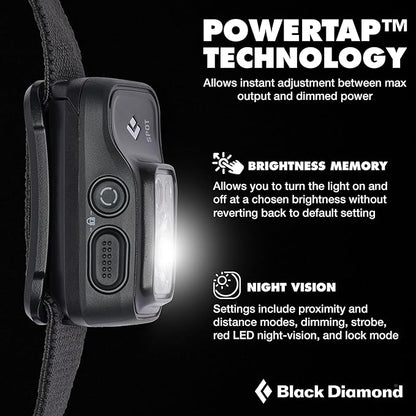 BLACK DIAMOND Spot 400 Headlamp | 400 Lumens Brightness, Dimmable | Waterproof & Durable | 3X AAA Battery Operated (Included) | Black