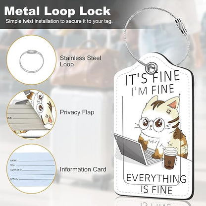 2Pack Luggage Tags for Suitcases, Cute Unique Pu Leather Cruise Luggage Tag with Privacy Cover ID Label Address Card and Metal Ring Suitable for Women Men Kids Girls Travel Bag Tag Angry Cat