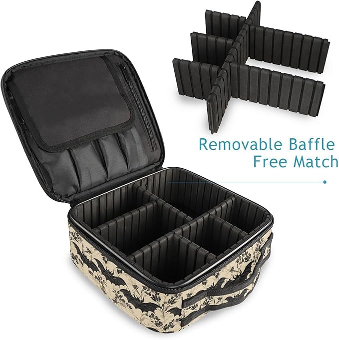 MNSRUU Travel Makeup Bag, Bats and Flowers Vintage Women Makeup Case Organizer Cosmetic Toiletry Bag for Teenage Girl with Adjustable Dividers