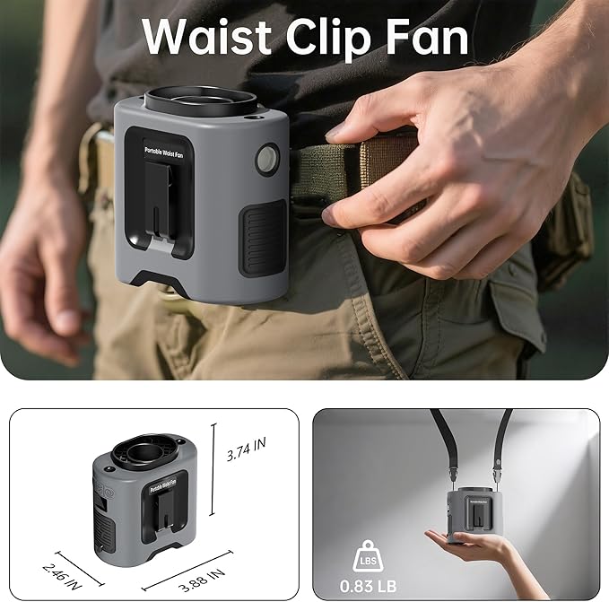10000mAh Portable Waist Fan Clip On Belt, Max 40H Cooling, 5 Speeds 16000RPM, Rechargeable Hands-free Personal Wearable Neck Fan With Dual Clip & Flashlight for Outdoor Jobsite Camping Traveling