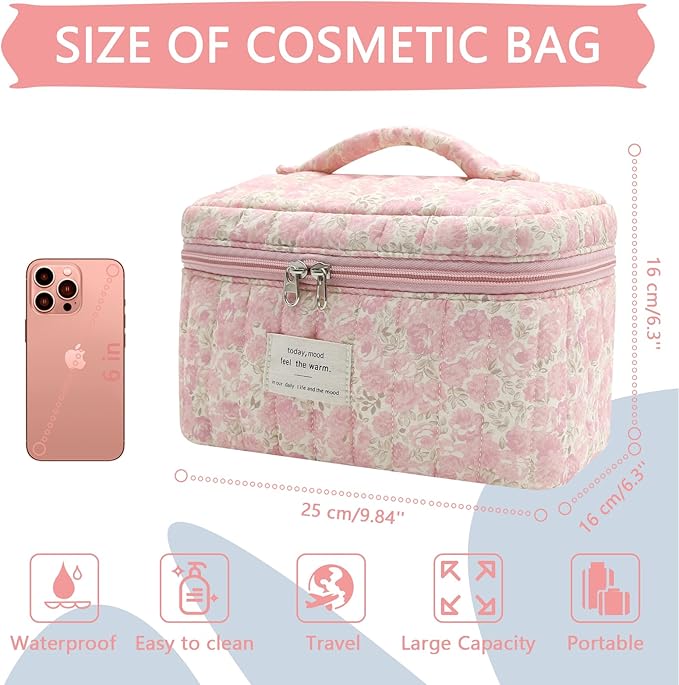 Large Makeup Bag, Cute Cosmetic Bag for Women Girls, Floral Coquette Aesthetic Toiletry Bag, Travel Make Up Organizer Bag (Crushed Flower)