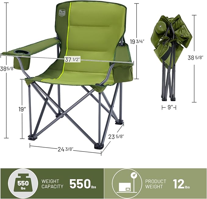 TIMBER RIDGE Oversized Folding Camping Chair for Adults, Support 550 LBS Heavy Duty with Cup Holder Side Pocket for Camping, Lawn, Picnic, Green