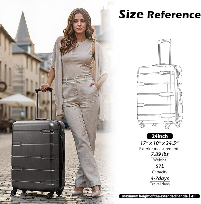 Coolife Luggage PC+ABS Hardshell Suitcase with TSA Lock, Spinner Checked Lightweight (Charcoal, 24in)