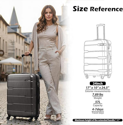 Coolife Luggage PC+ABS Hardshell Suitcase with TSA Lock, Spinner Checked Lightweight (Charcoal, 24in)