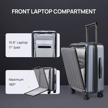 NINETYGO Carry on Luggage 22X14X9 Airline Approved with Front Pocket, 20 Inch Luggage with Front Compartment, Expandable, Double Spinner Wheels, Hardsided PC, TSA Lock (Black, Seine Max)