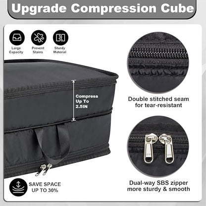 Extra Large Compression Packing Cubes for Travel Essentials, 2 Pack Expandable Travel Cubes for Packing Bags Suitcase Organizer, Black