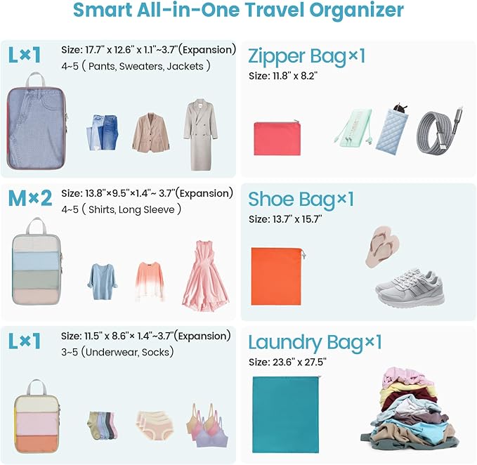 Cambond Compression Packing Cubes for Travel Women - Expandable Travel Bags Luggage Organizers Travel Essentials Compression Cubes for Travel Carry on Suitcases Organizer