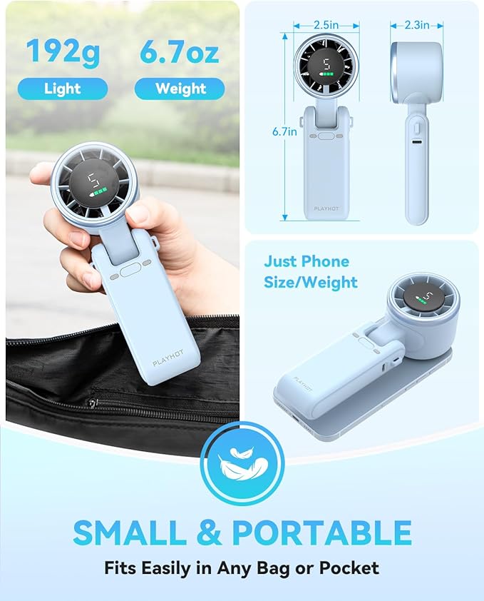 Portable Handheld Turbo Fan, 5-Speed Personal Fans, 5000mAh Rechargeable Fans Up to 12 Hours, Weight only 0.6lb Small Fan, Hand/Neck/Desk Fan 3 IN 1, Beach Vacation Essentials(Blue)