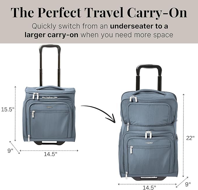 Baggallini Expandable Underseat Carry-On - Lightweight Travel Luggage Carry On Weekender with Wheels