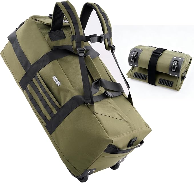 80L Waterproof Rolling Duffel Bag with Quick-Release Straps, Military Tactical Wheeled Foldable For Deployment Traveling Camping Sporting (Military Green)