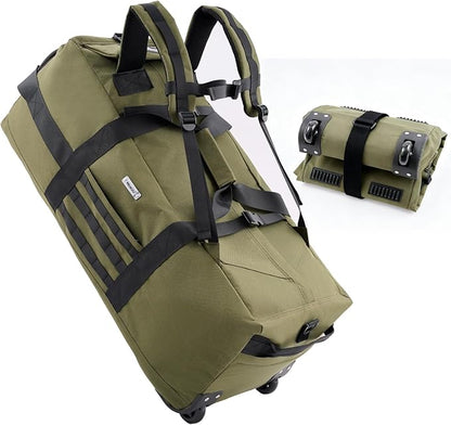 80L Waterproof Rolling Duffel Bag with Quick-Release Straps, Military Tactical Wheeled Foldable For Deployment Traveling Camping Sporting (Military Green)