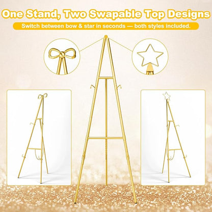 Interchangeable Bow & Star Top Gold Easel Stand for Sign, 62"–47" Height Adjustable Heavy Duty Wedding Easel Stand with 3 Display Modes — Perfect for Welcome Signs, Christmas Decor, Parties & Events