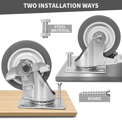 4 Inch Caster Wheels, Rubber Wheels Silent Castor- Set of 4 Heavy Duty Caster Wheels with Brake 1600Lbs, Industrial Plate Casters Wheels for Cart Furniture Workbench (2 Brake & 2 Rigid)