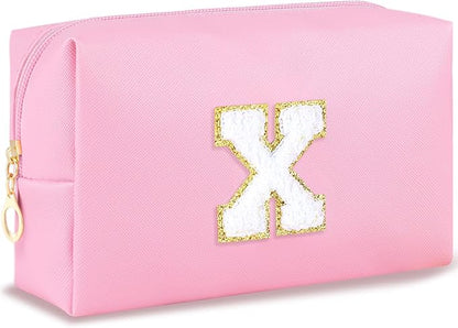 Initial Makeup Bag Personalized Preppy Travel Small Cosmetic Bag Cute PU Pink Chenille Letter Makeup Pouch for Purse Waterproof Zippered Toiletry Organizer for Women Girls Kids Friends (X)