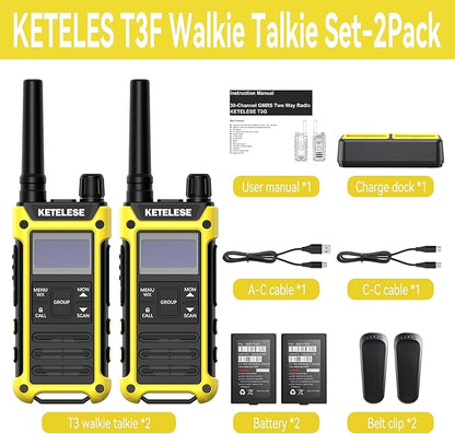 KETELESE T3 FRS IP67 Waterproof Walkie Talkies with USB Mini Charger, 1100mAh Rechargeable Batteries, NOAA Weather Alert, 2 Way Radio for Cruise Ships Surfing, 2pack, Black/Yellow