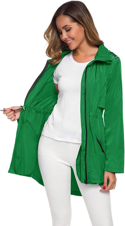 Avoogue Women's Long Raincoat with Hood Outdoor Lightweight Windbreaker Rain Jacket Waterproof