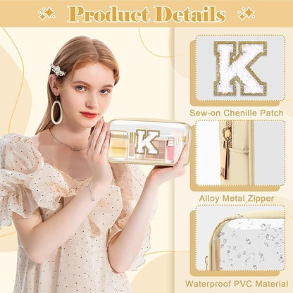 Personalized Initial Letter Clear Makeup Bag,Preppy Small Nylon&PVC Cosmetic Zipper Bag with Chenille Letter,Portable Beach Travel Skincare Toiletry Bag,Trendy Monogram Gift for Teen Girls Women,K