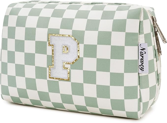 Narwey Personalized Initial Makeup Bag Toiletry Bag Gifts for Women Girls Large Checkered Makeup Bag Zipper Pouch Travel Cosmetic Bag Organizer for Women (Mint Green Checkerboard Letter P)