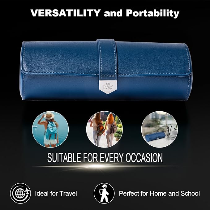 DUKWIN Watch Roll for 3 Watches, Vegan Leather Travel Watch Case Organizer with Removable Pillows for Men and Women,Display Case for Watches Collection and Gift for Anniversary Birthday(Blue Storage)