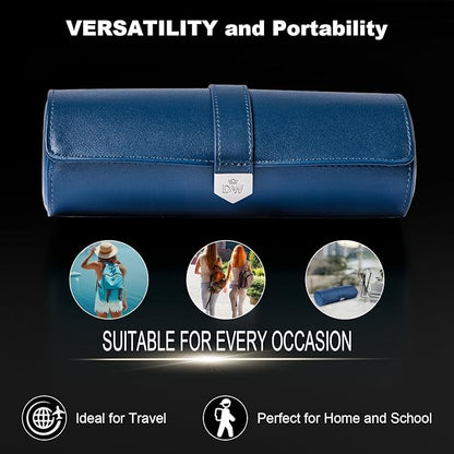 DUKWIN Watch Roll for 3 Watches, Vegan Leather Travel Watch Case Organizer with Removable Pillows for Men and Women,Display Case for Watches Collection and Gift for Anniversary Birthday(Blue Storage)