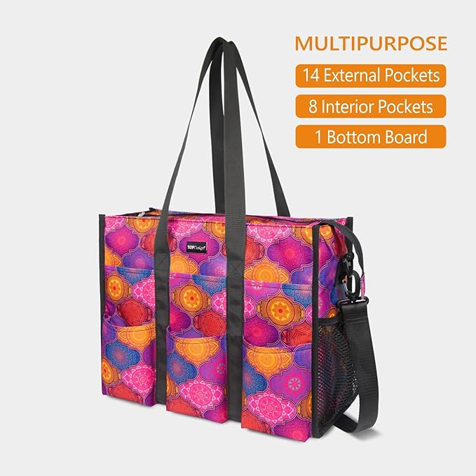TOPDesign Utility Water Resistant Tote Bag with 22 Pockets, Top Zipper Closure & Thick Bottom Support, for Working Women