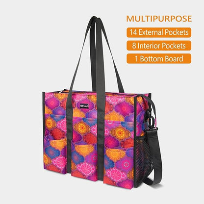 TOPDesign Utility Water Resistant Tote Bag with 22 Pockets, Top Zipper Closure & Thick Bottom Support, for Working Women