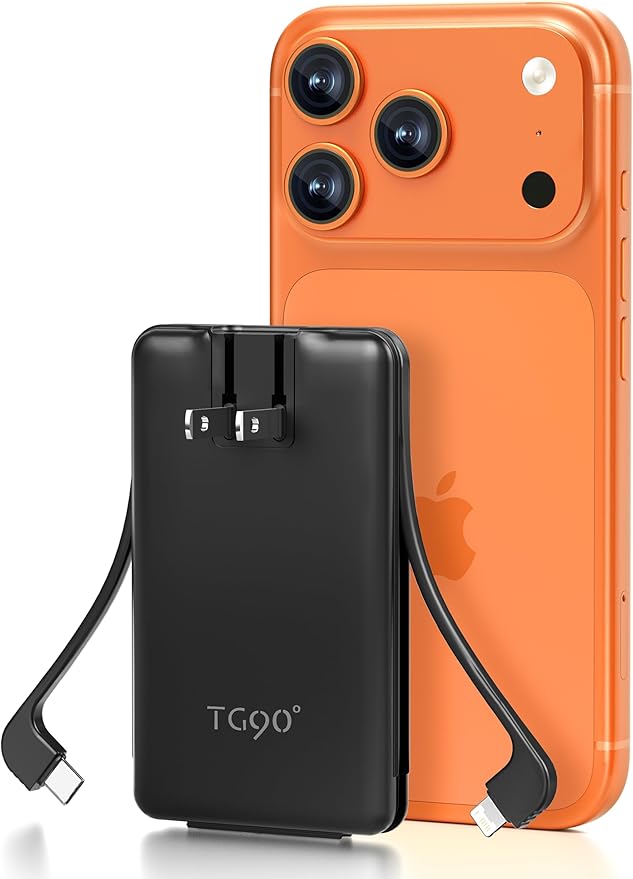TG90° Ultra Slim 5000mAh Portable Charger Built-in Foldable AC Wall Plug and Cables, Pocket Size USB C Power Bank,External Battery Pack Compatible with iPhone 17 16 15 14 13 12 Android Devices iPad