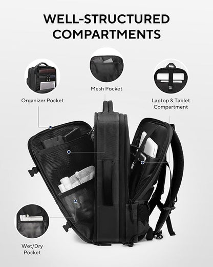 Dinictis Vacuum Seal Backpack 60L with Pump, Expandable Backpack with Vacuum Compression fits 17 inch Laptop, Water Resistant Carry On Suitcase Luggage suit for Short Trip and Business-Black