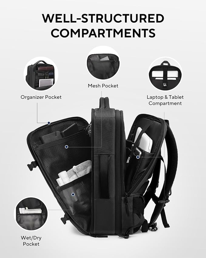 Dinictis Vacuum Seal Backpack 60L with Pump, Expandable Backpack with Vacuum Compression fits 17 inch Laptop, Water Resistant Carry On Suitcase Luggage suit for Short Trip and Business-Dark Grey