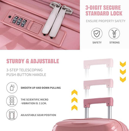 LARVENDER Luggage Sets 3 Piece, Hardside PP Carry On Luggage Suitcase with 360° Spinner Wheels Suitcase Sets for Women Men, Rose Gold