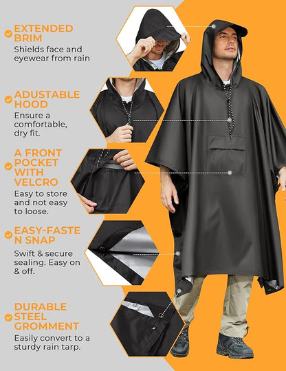 COOFANDY Rain Poncho for Adults with Hood Pockets Reusable Waterproof Packable Rain Coat Jacket Travel Hiking Emergency