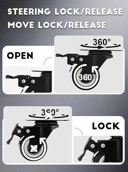 2 Inch Caster Wheels Set of 36 Heavy Duty Casters,with Brake,No Noise Locking Polyurethane (PU) Wheels, for Furniture and Workbench Load 800lbs