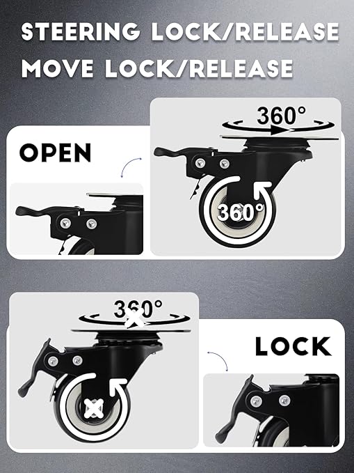 2 Inch Caster Wheels Set of 28 Heavy Duty Casters,with Brake,No Noise Locking Polyurethane (PU) Wheels, for Furniture and Workbench Load 800lbs