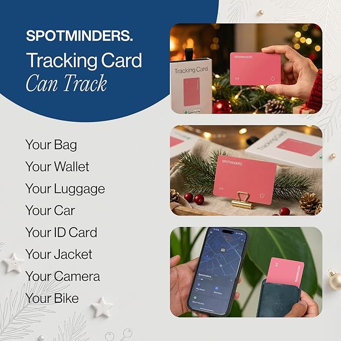 SPOTMINDERS Apple MFi Certified Wallet Tracker for Christmas Stocking Stuffers - Gifts for Women Works With Apple Find My IP68 Rechargeable Slim Tracking Card for iOS - White Elephant Gifts for Adults