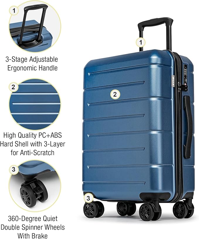 KYME Luggage Sets 3 Piece Hard Shell 22in/26in/30in Suitcases with Wheels Hardside Suitcase Set with TSA Lock Travel Rolling Luggage Set for Women Men Blue