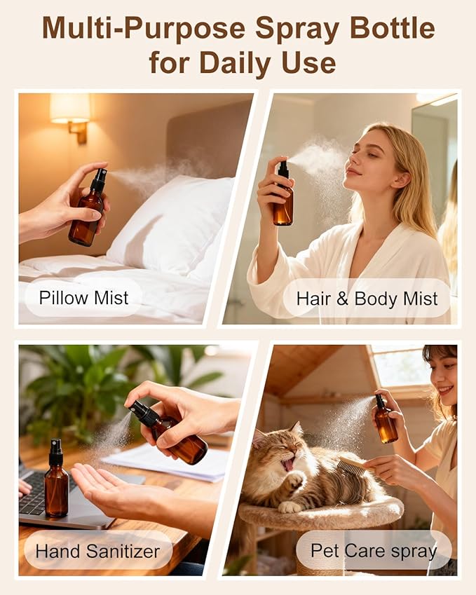 KEYWING 36 Pack Small Amber Glass Spray Bottles for Essential Oils, 2oz Empty Fine Mist Mini Spray Bottles, Refillable Containers for Hair, Travel, Plants, Cleaning, Skin Care